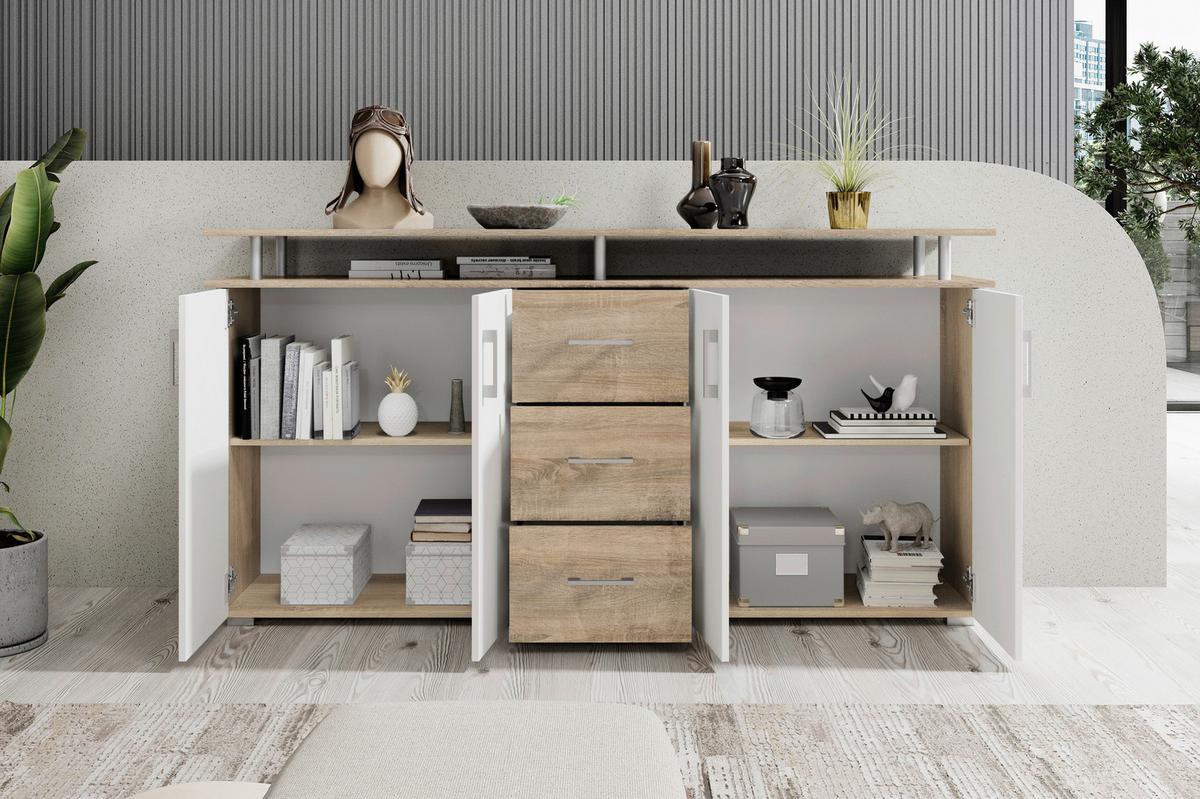 Komód 4 Ajtó 3 Fiók Lift - tölgyfa/fehér, Modern, faalapú anyag (178/90/38cm)