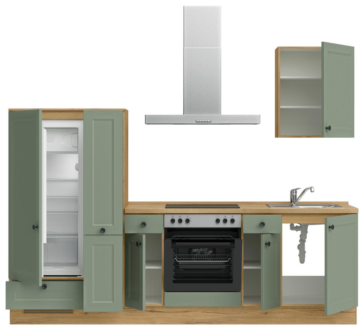 Küchenblock Cascada Low m. Geräten Schilfgrün - Schilfgrün/Eichefarben, MODERN, Holzwerkstoff/Metall (270cm) - Nobilia