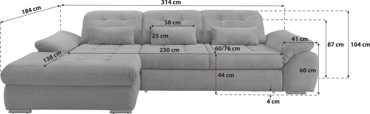 Ecksofa Rigatti mit Bettkasten ca. 184x314 cm Graubraun - Chromfarben/Graubraun, MODERN, Textil/Metall (184/314cm) - Livetastic