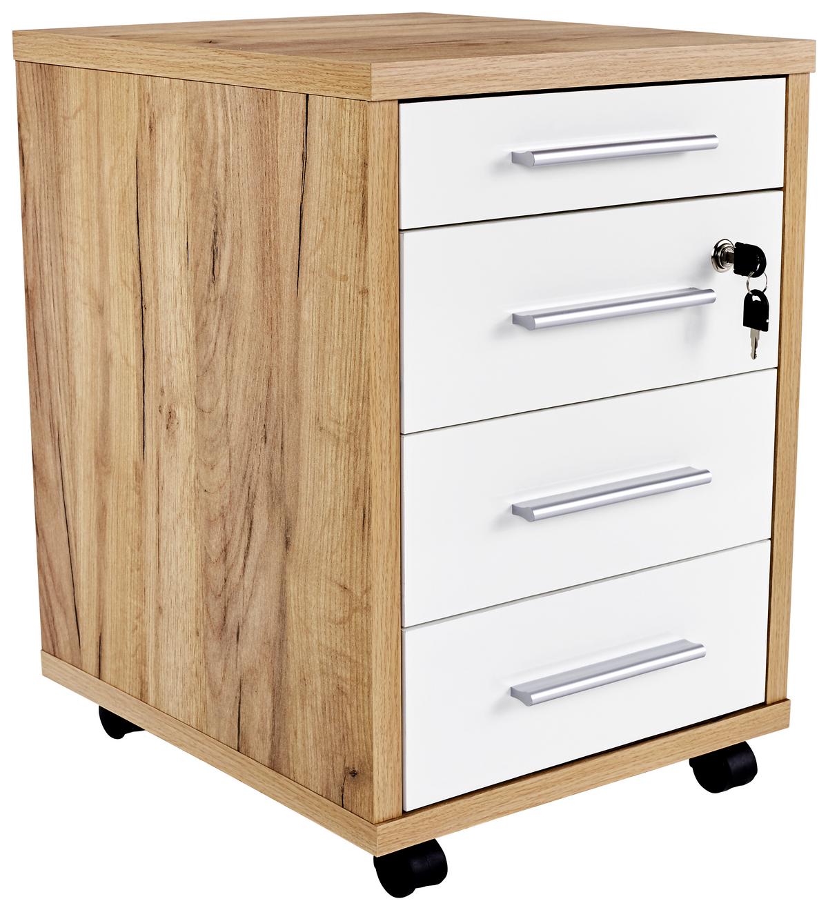 Görgős Konténer 4 Fiókkal Profi - tölgyfa/fehér, Modern, faalapú anyag (43/62/48cm) - Ondega