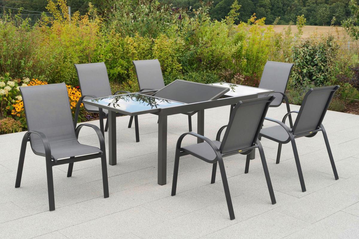 Gartentischgruppe Amalfi 7-tlg. Graphitfarben - Graphitfarben/Grau, KONVENTIONELL, Glas/Textil - Gardenson