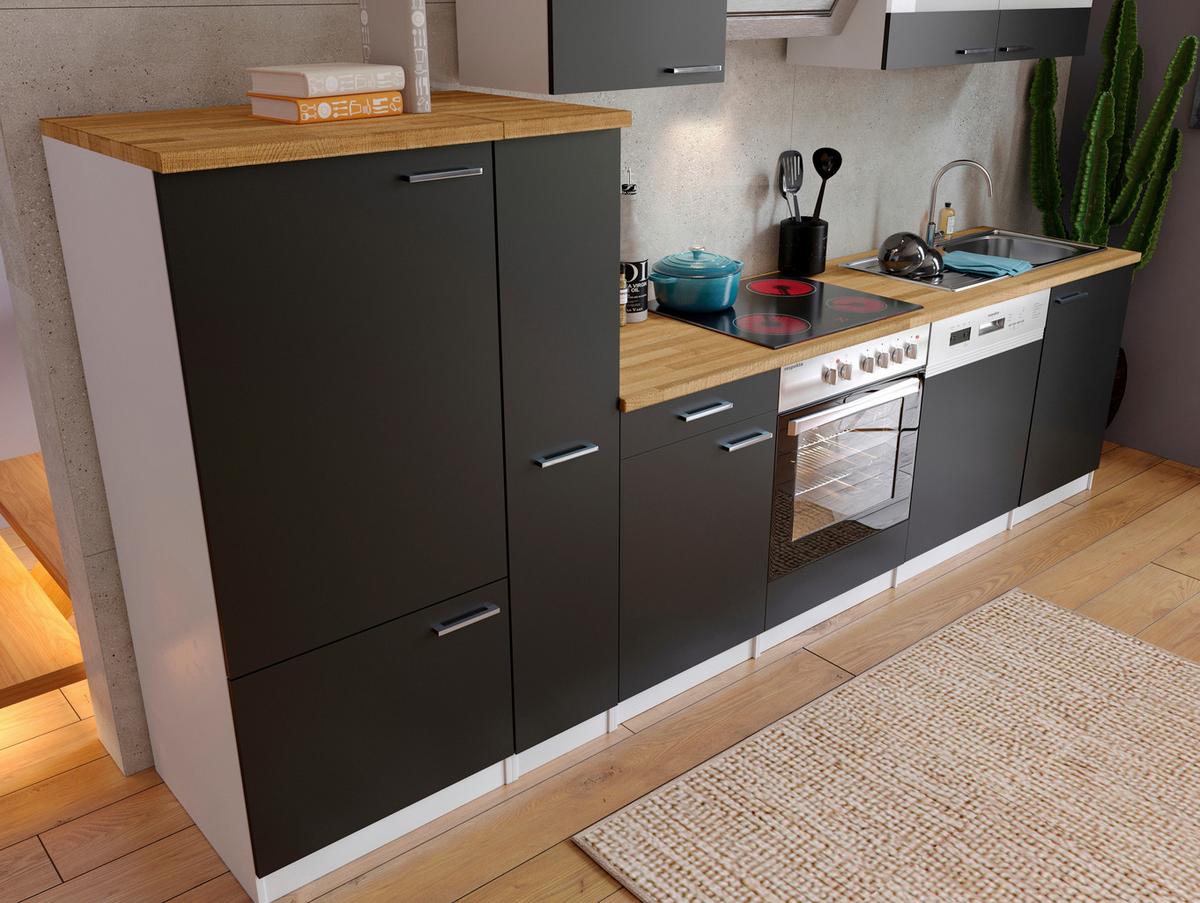 Küchenzeile Economy m. Geräten Schwarz/Nussbaum B: ca. 310 cm - Edelstahlfarben/Nussbaumfarben, Basics, Holzwerkstoff/Metall (310cm) - Respekta