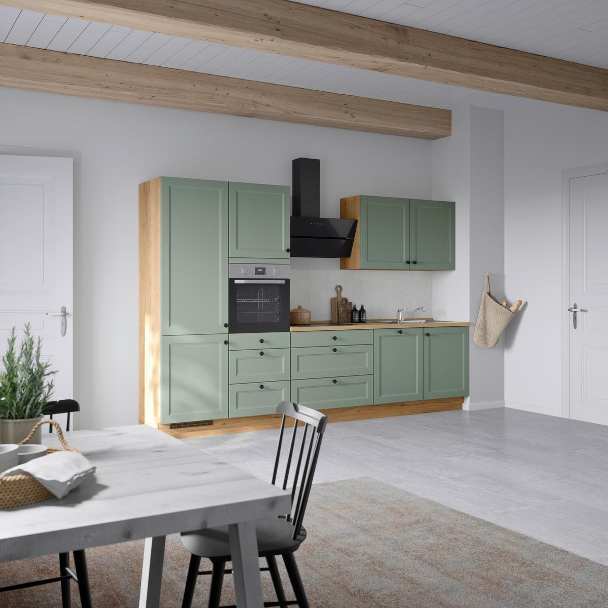Küchenblock Cascada High m. Geräten Schilfgrün - Schilfgrün/Eichefarben, MODERN, Holzwerkstoff/Metall (330cm) - Nobilia