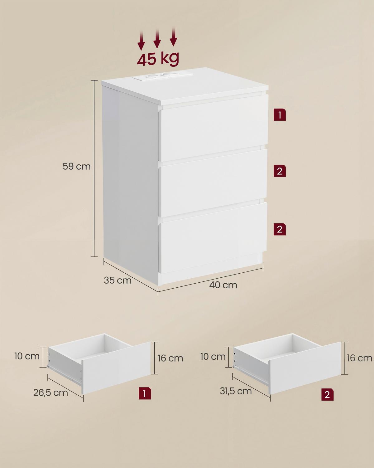 Nachtkästchen-Set Weiß 2er-Set mit USB-Anschluss - Weiß, MODERN, Holzwerkstoff (40/59/35cm) - MID.YOU