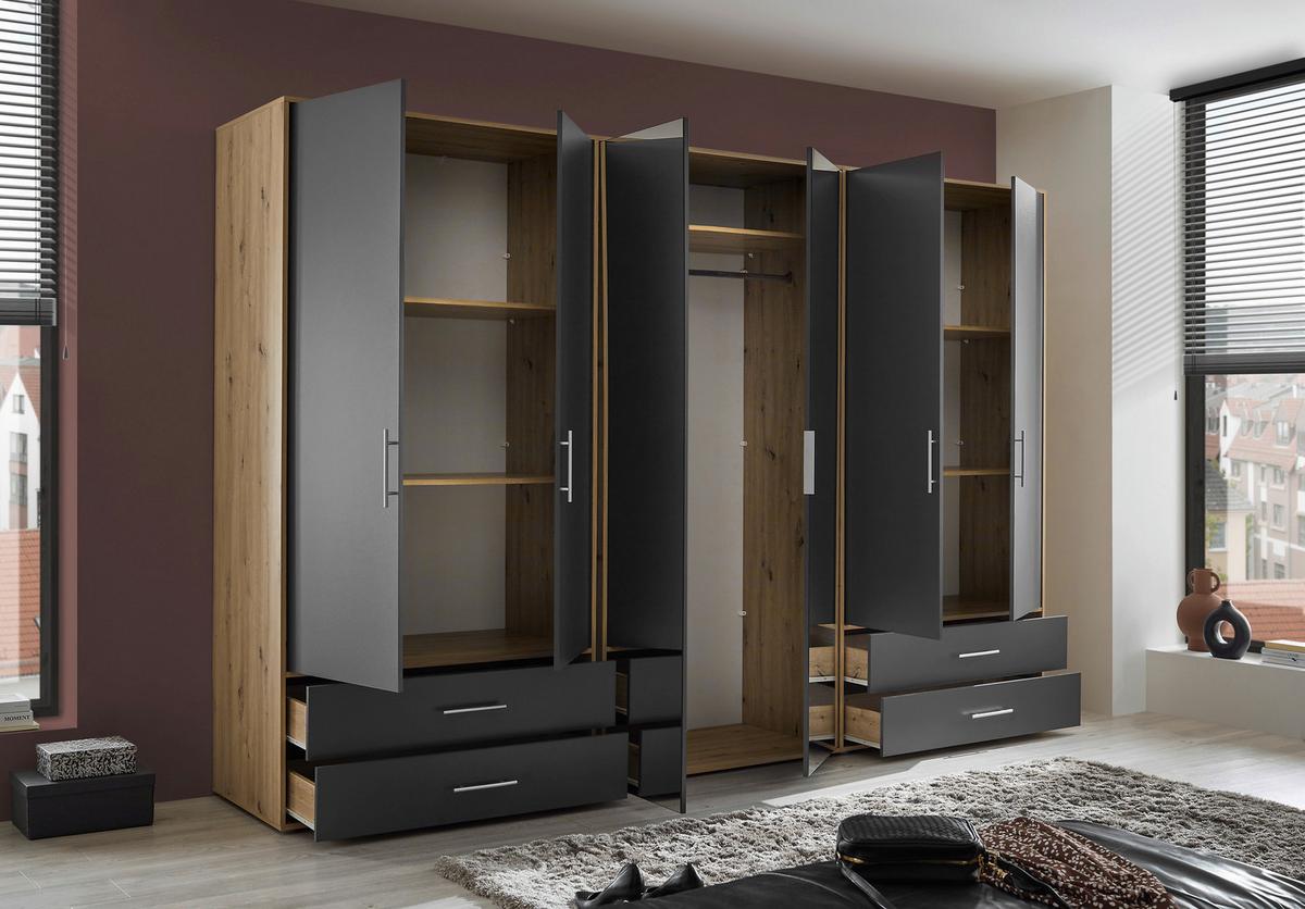 Șifonier VELAS - grafit/stejar Artisan, Konventionell, sticlă/material pe bază de lemn (305/207/58cm) - Modern Living