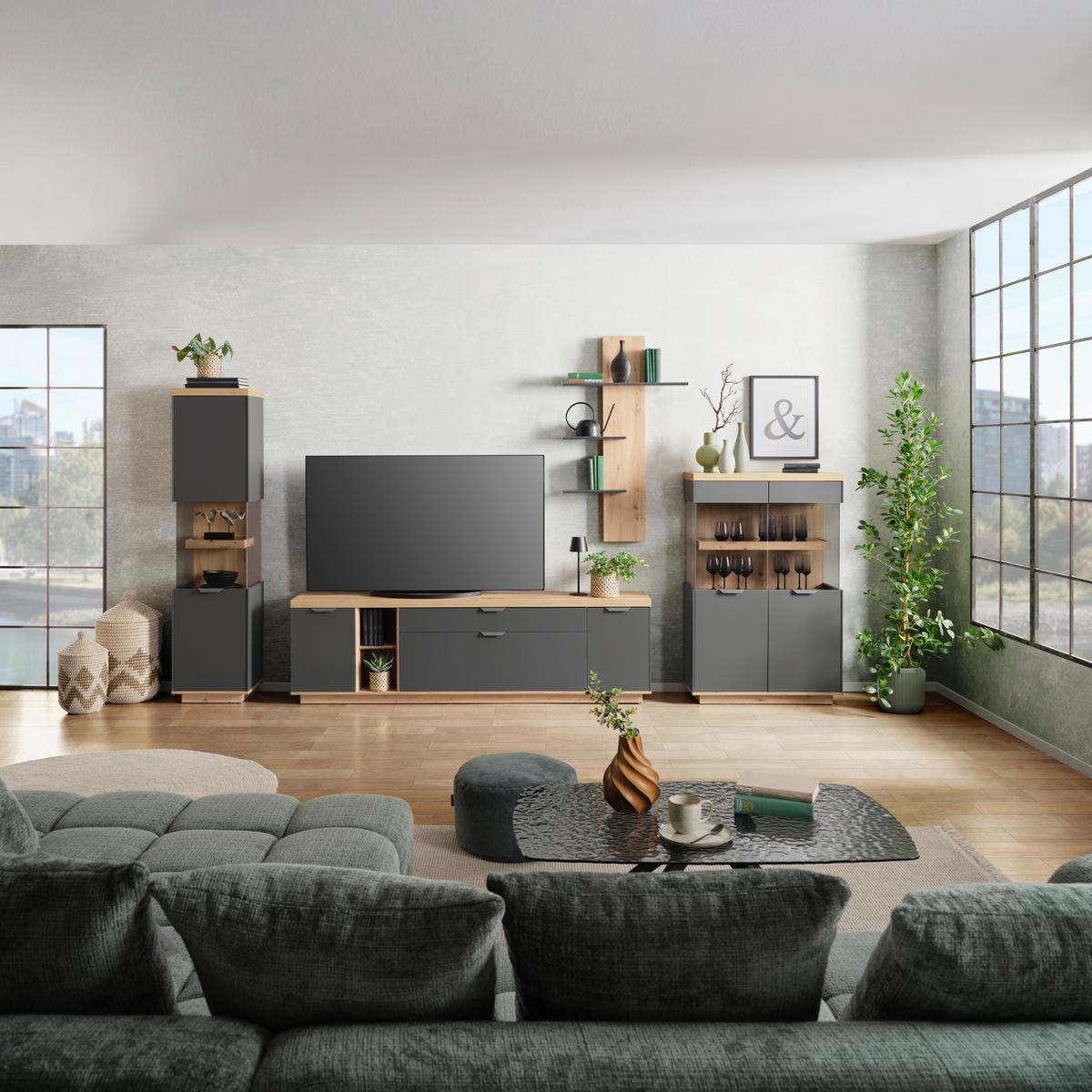 Comodă TV JAKE - stejar Artisan/antracit, Trend, material pe bază de lemn (213/61,5/38cm) - Modern Living