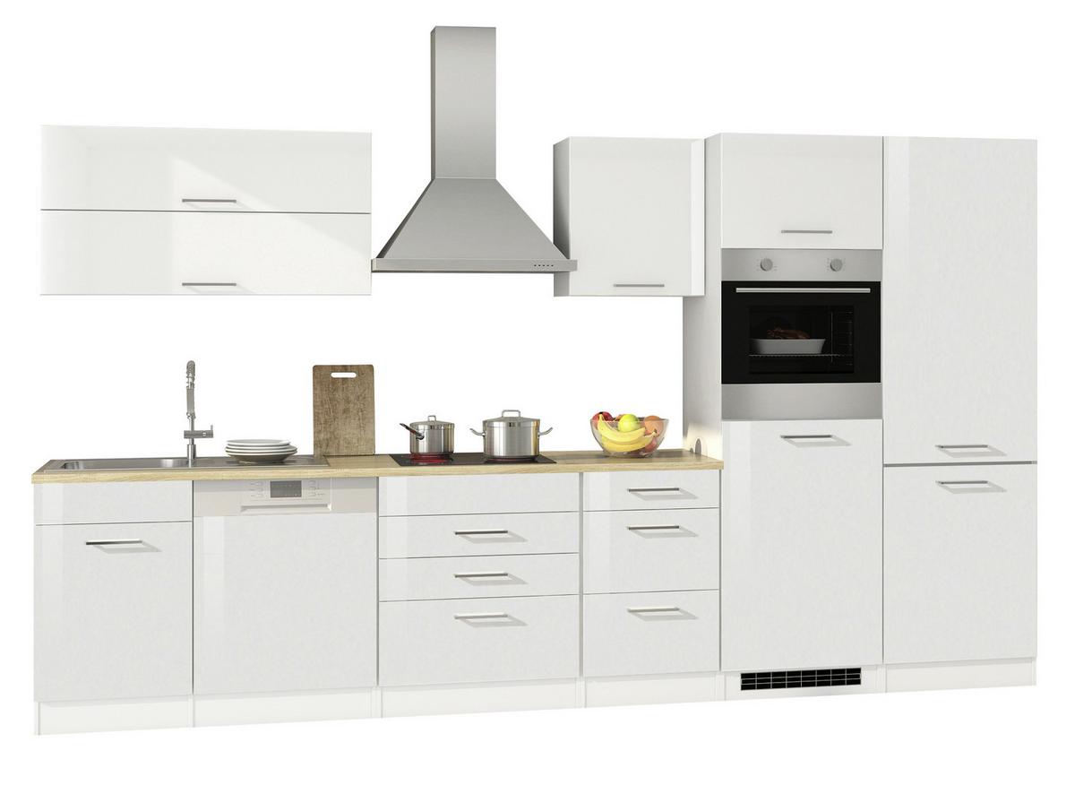 Küchenblock in Weiss inkl. E-Geräte 'Mailand' - Chromfarben/Weiß Hochglanz, MODERN, Holzwerkstoff/Metall (360cm) - Held