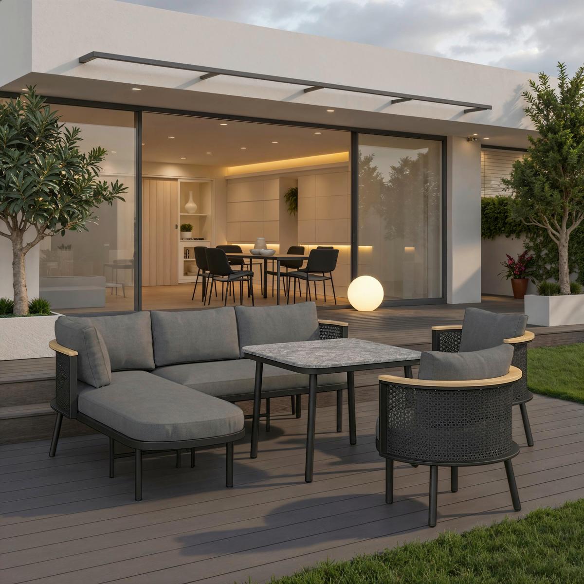 Dining-Loungeset Lissa Dunkelg Outdoorstoff/Metall/Polywood - Dunkelgrau/Schwarz, MODERN, Kunststoff/Textil - Bessagi Garden