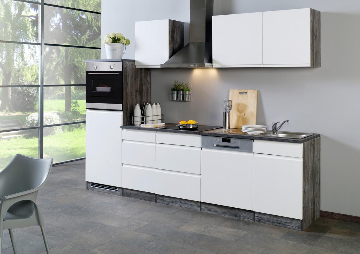 Küchenblock "Cardiff" Weiss /Eiche inkl. E-Geräte - Weiß Hochglanz/Weiß, Basics, Holzwerkstoff (280cm) - Held