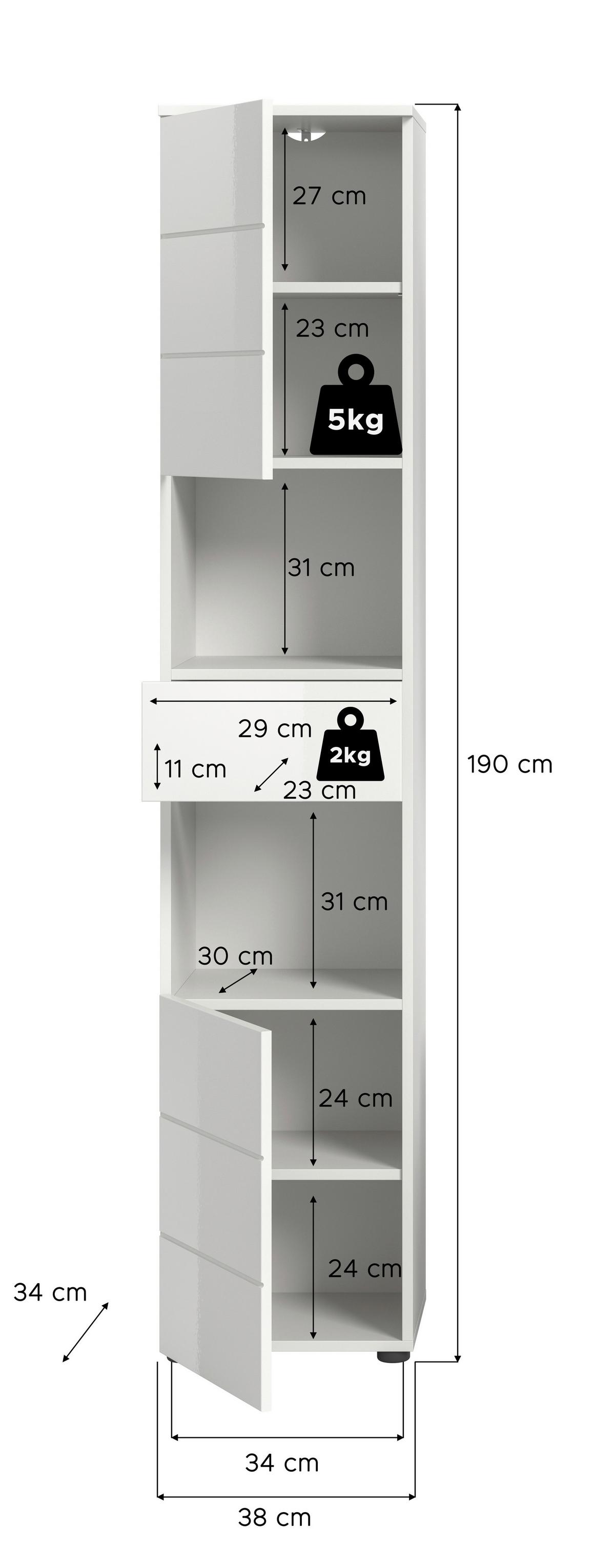 Hochschrank Vira ca. 38x190x34 cm Weiß - Weiß Hochglanz/Schwarz, MODERN, Holzwerkstoff/Kunststoff (38/190/34cm) - MID.YOU