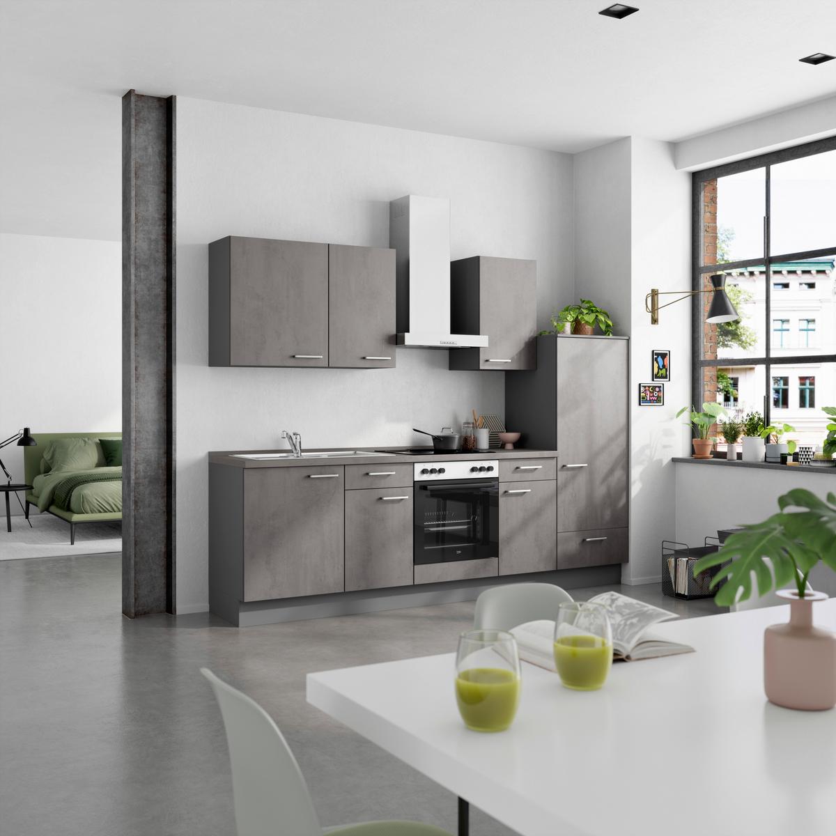 Küchenblock Riva Low m. Geräten Schieferfarben - Schieferfarben/Edelstahlfarben, MODERN, Holzwerkstoff/Metall (270cm) - Nobilia