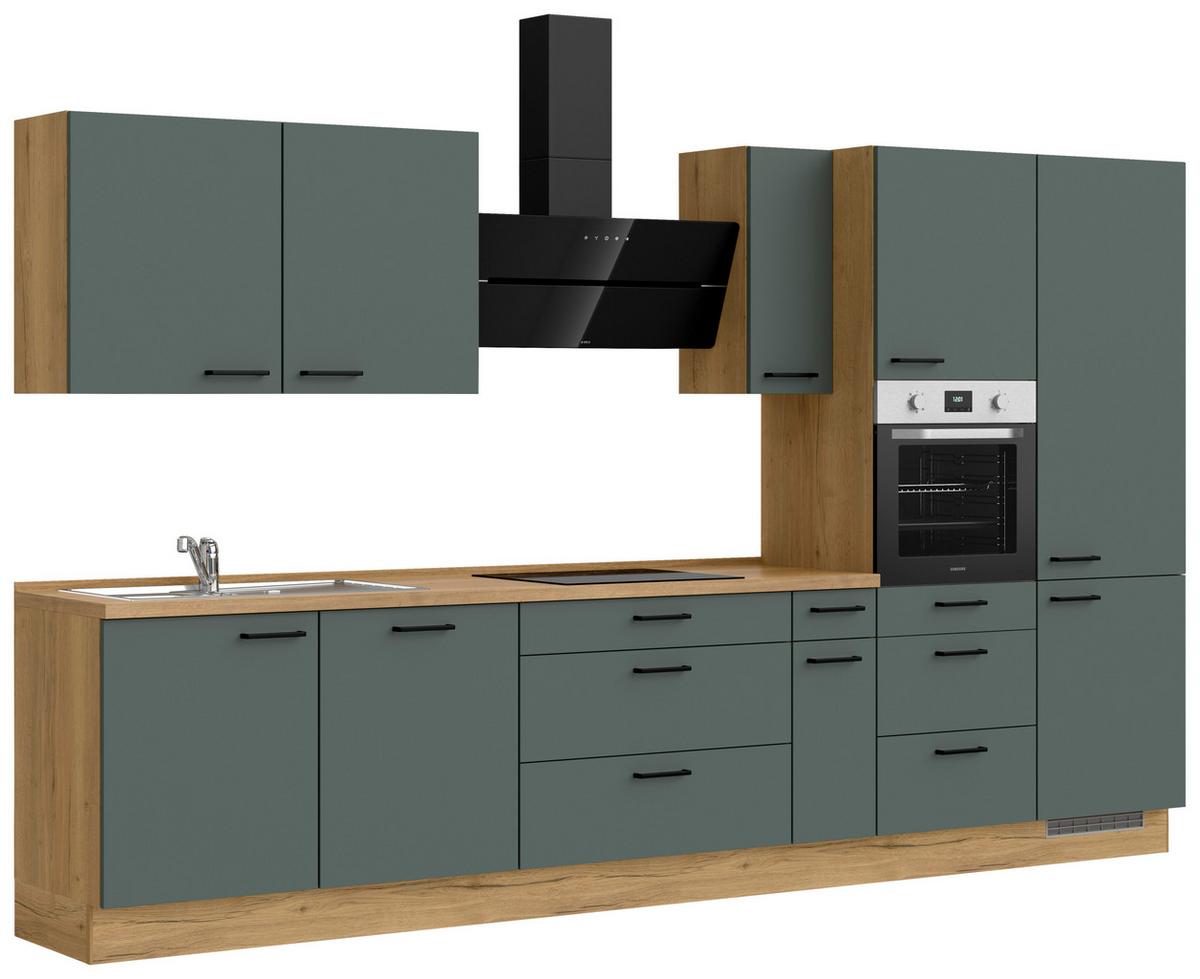 Küchenblock Easytouch High m. Geräten Dunkelgrün - Dunkelgrün/Eichefarben, MODERN, Holzwerkstoff/Metall (360cm) - Nobilia