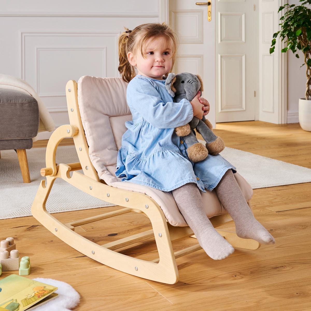 KRZESEŁKO BUJANE DLA DZIECI SWING AND MORE - beżowy/kolor naturalny, Basics, drewno/tkanina (42/70/56cm) - Jimmylee