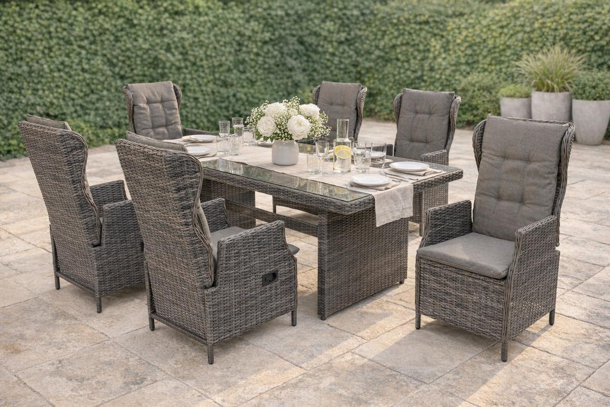 Gartentisch Saviano Grau - Grau, KONVENTIONELL, Glas/Kunststoff (185/90/77cm) - Gardenson