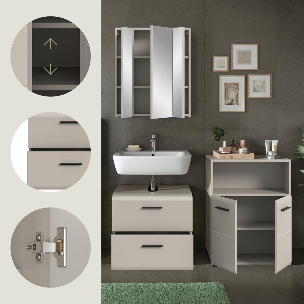 Badezimmer Ice Kaschmir 3-teilig - Kaschmir/Schwarz, Trend, Glas/Holzwerkstoff (120cm) - MID.YOU
