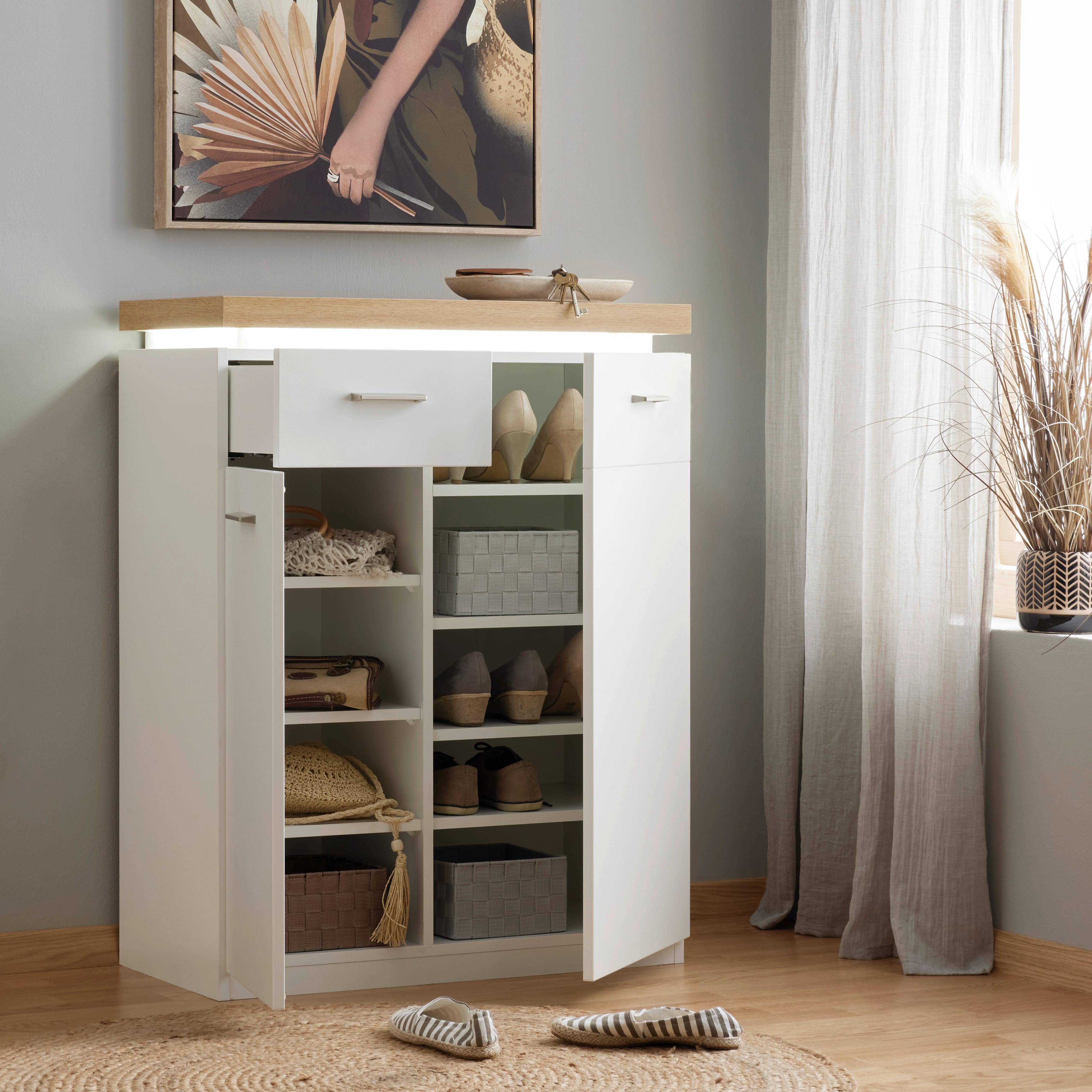 Schuhschrank in Weiß/Eichefarben - Eichefarben/Weiß, MODERN, Holzwerkstoff/Metall (75/99/38cm) - Premium Living