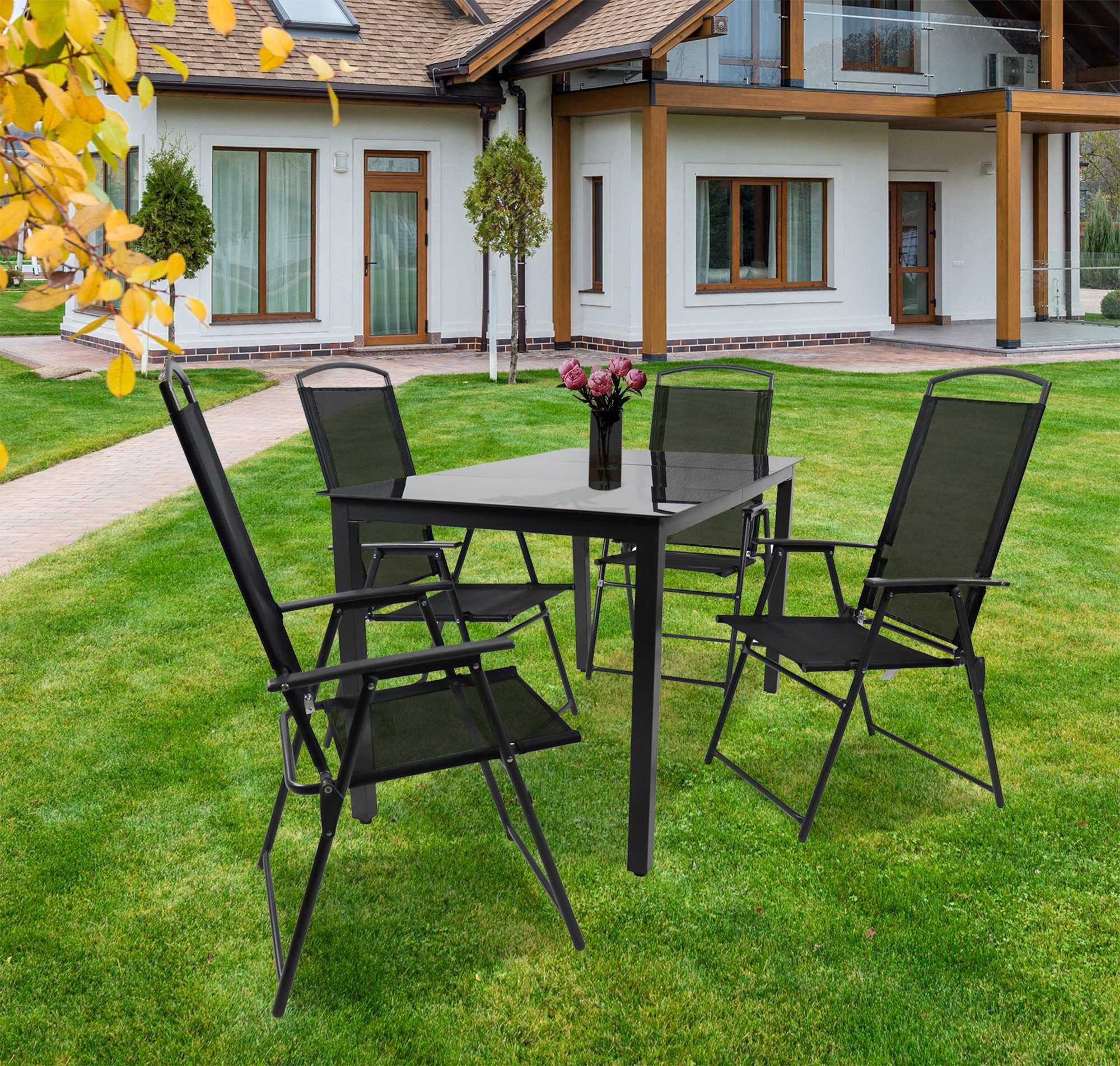 Gartentischgruppe Schwarz 5-teilig - Anthrazit/Schwarz, Basics, Glas/Textil - Gardenson