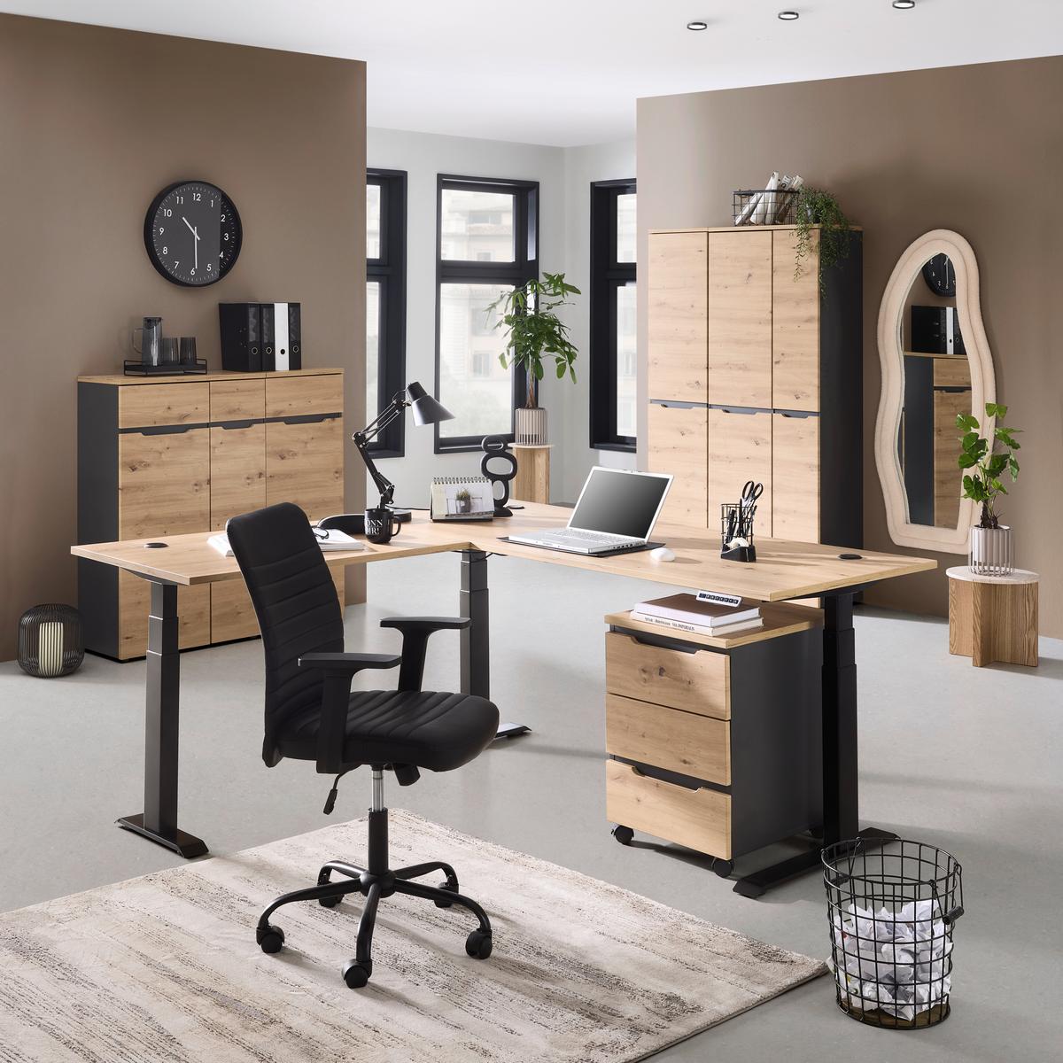 Eckschreibtisch Memphis In Eiche Artisan/graphitfarben - Graphitfarben/Eiche Artisan, Modern, Holzwerkstoff/Metall (185/77/64-129cm) - Premium Living