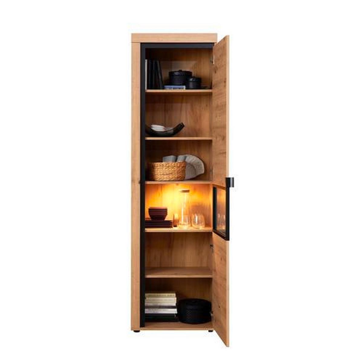 Vitrina Nyon - boje hrasta/crna, Moderno, staklo/drvni materijal (56,8/200,1/40,5cm) - Modern Living