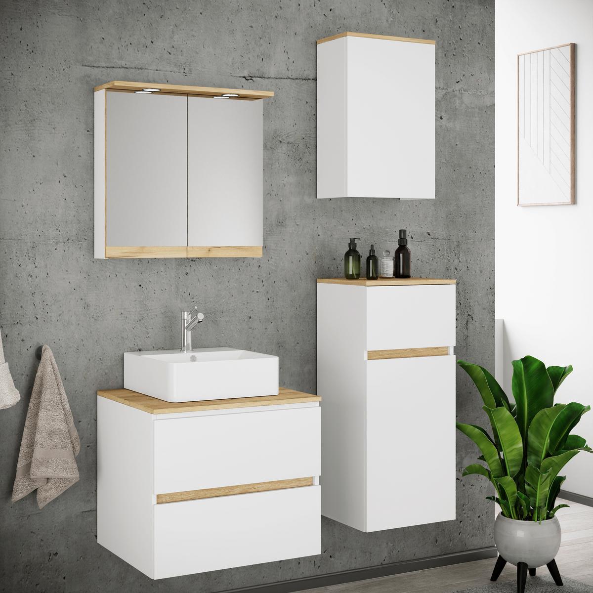 Badezimmer Cosila - Honigeiche/Weiss, Trend, Keramik/Holzwerkstoff (100cm) - MID.YOU