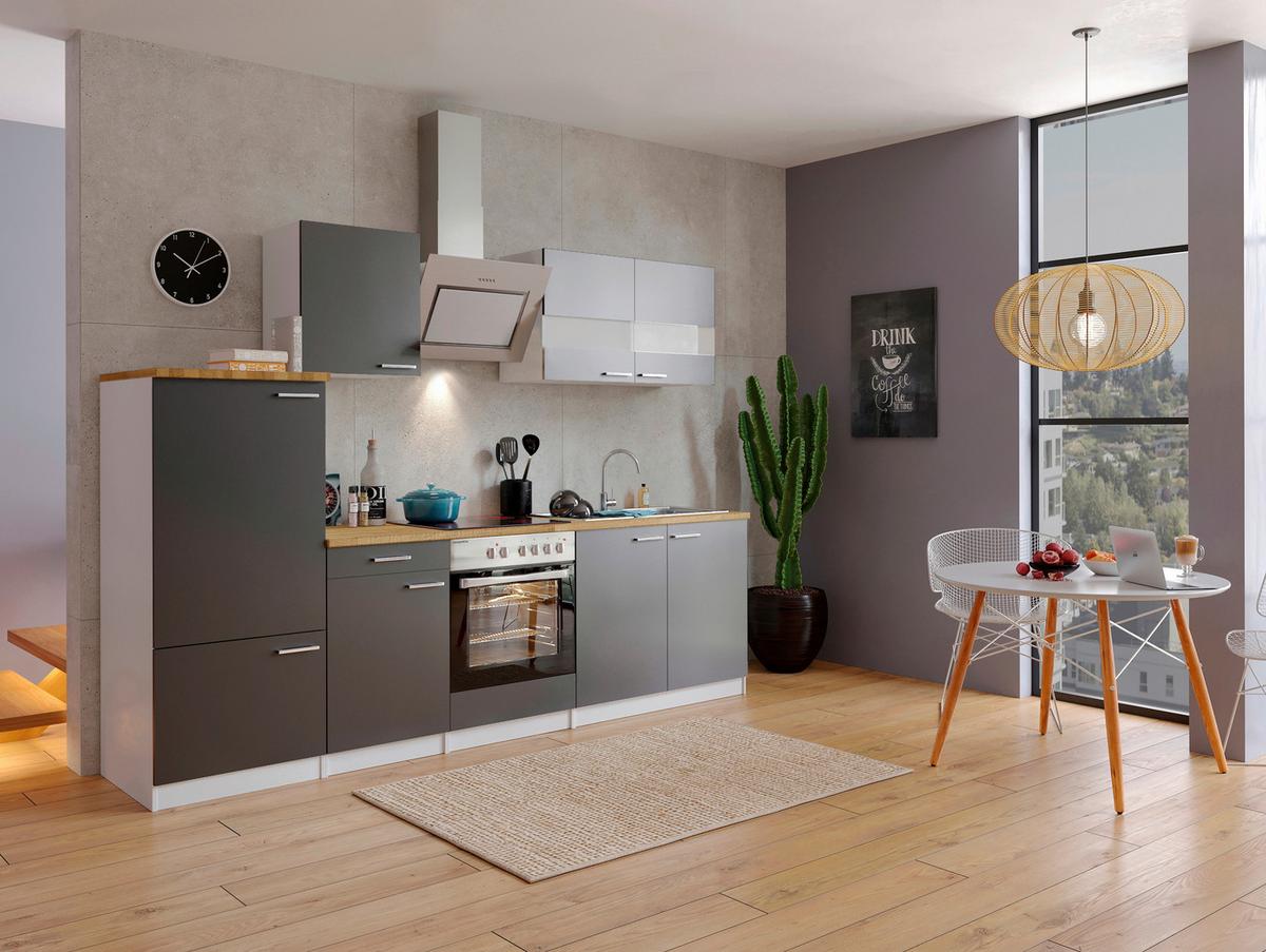 Küchenzeile Economy m. Geräten Grau/Nussbaum B: ca. 270 cm - Edelstahlfarben/Nussbaumfarben, Basics, Holzwerkstoff/Metall (270cm) - Respekta