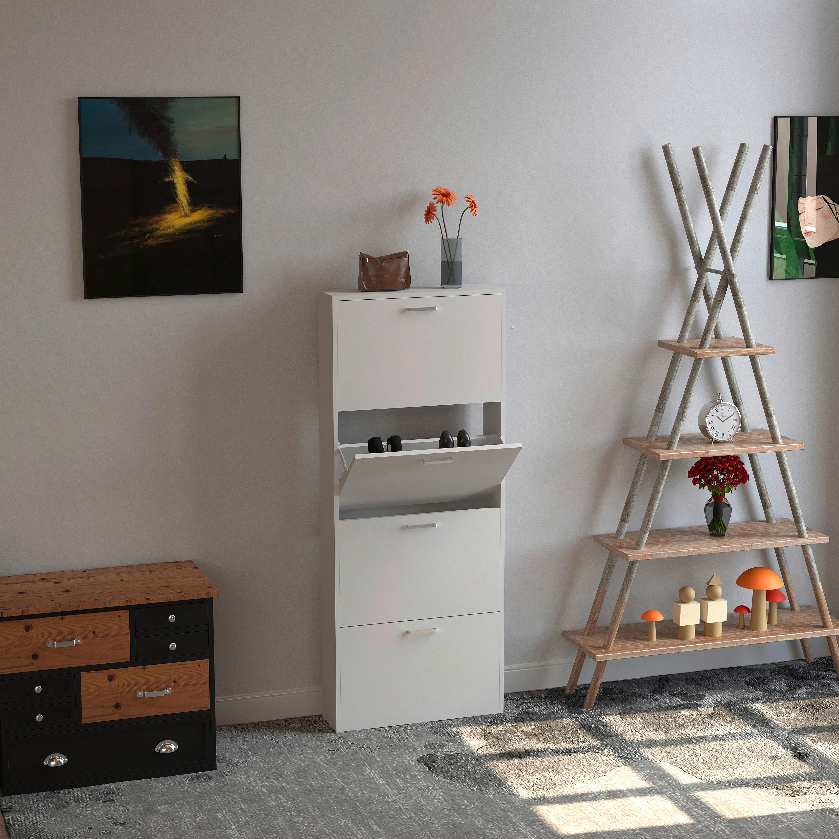 SCHUHSCHRANK SULOS L - Weiss/Silberfarben, Design, Holzwerkstoff/Kunststoff (59/144/17cm) - MID.YOU