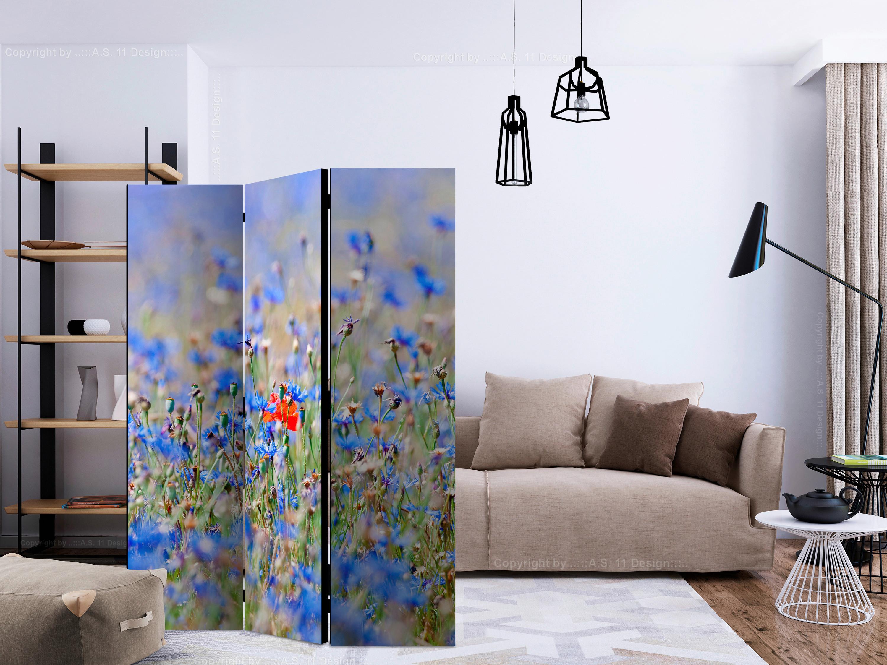 Paravan Flower Garden, 3-Delni, Dvostranski - svetlo modra/svetlo zelena, Basics, tekstil/les (135/172/3cm) - artgeist