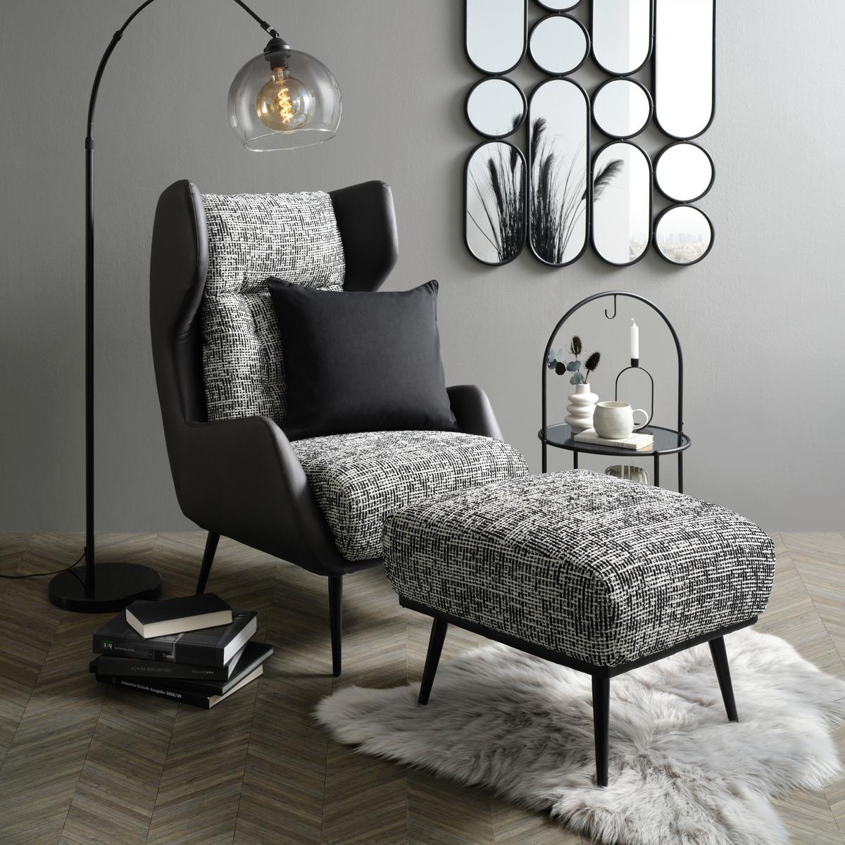 Ohrensessel Somy Chenille/Lederlook - Schwarz/Weiß, MODERN, Textil/Metall (75/111/83cm) - Premium Living