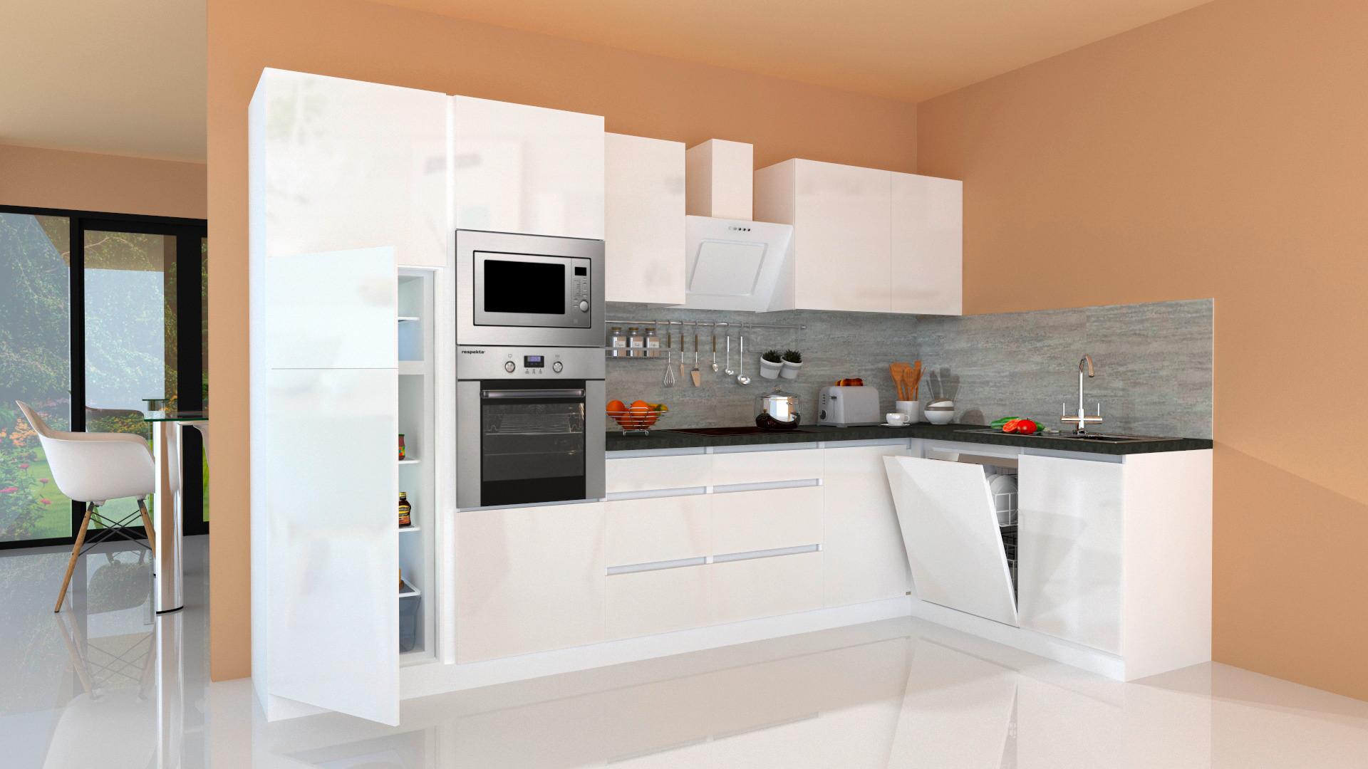 Eckküche Premium Weiß Hochglanz ca. 345x172 cm - Weiß/Grau, MODERN, Holzwerkstoff (345/172cm) - Respekta
