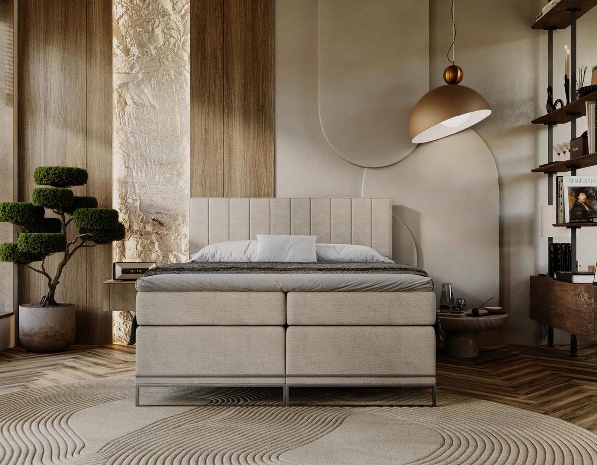 Boxspringbett Cromo Beige ca. 200x200 - Beige/Silberfarben, Konventionell, Textil/Metall (200/200cm) - Premium Living