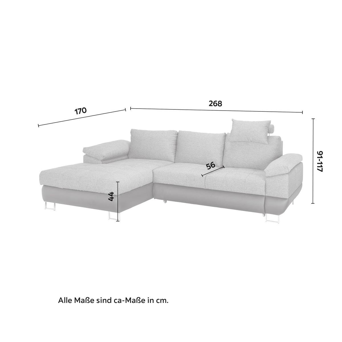 Ecksofa Focus in Grau mit Bettfunktion - Chromfarben/Anthrazit, Konventionell, Textil/Metall (170/91/117/268cm) - Based