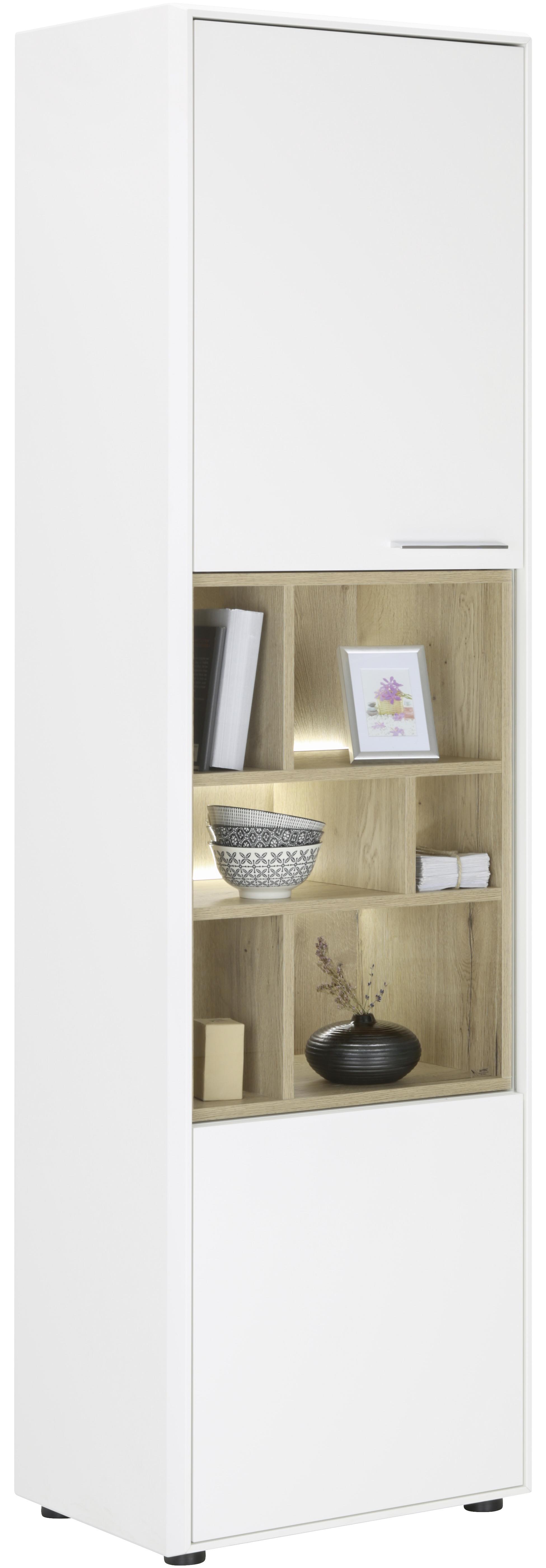 Vitrine in Weiß - Edelstahlfarben/Eichefarben, MODERN, Holzwerkstoff/Kunststoff (57/200/42cm) - Premium Living