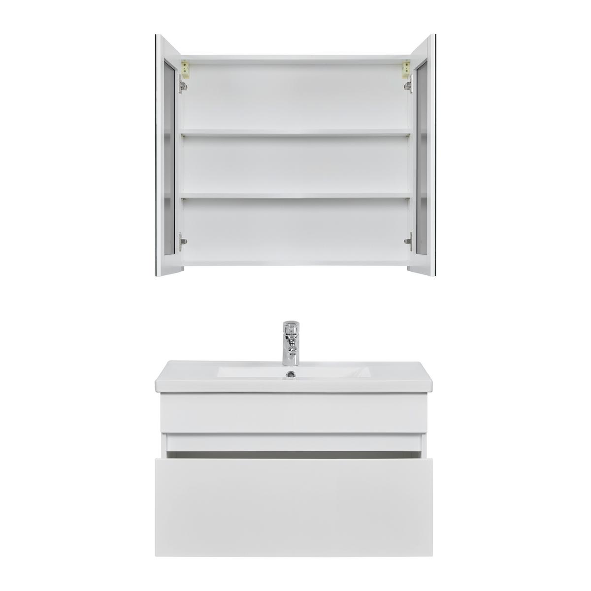 meuble-lavabo Waschbecken & Spiegel, weiss - clair/blanc, Modern, céramique/verre (80/70/47/70/47/13cm) - Bessagi Home