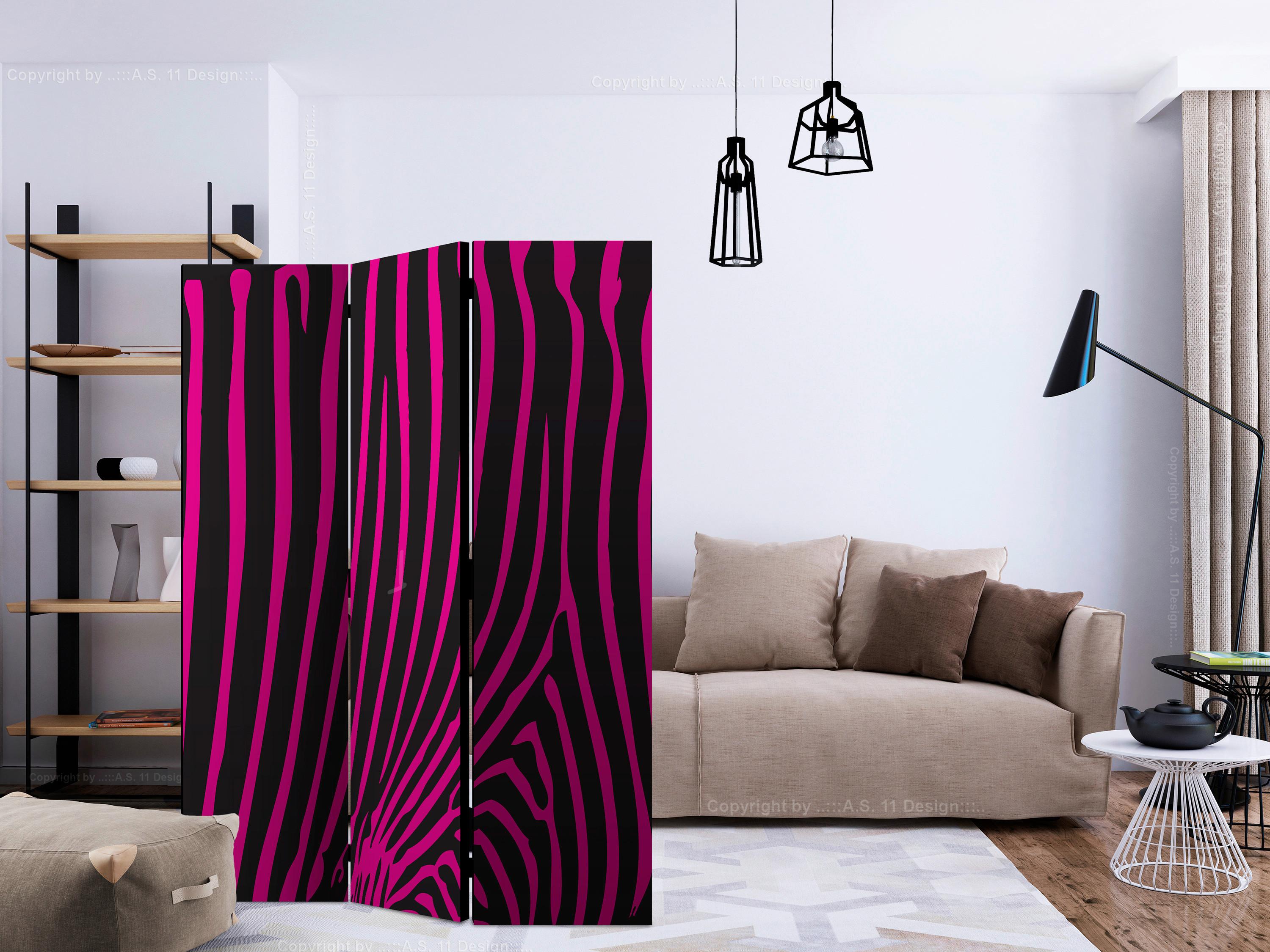 Paravan Zebra Pattern Pink, 3-Delni, Dvostranski - pink/črna, Basics, tekstil/les (135/172/3cm) - artgeist