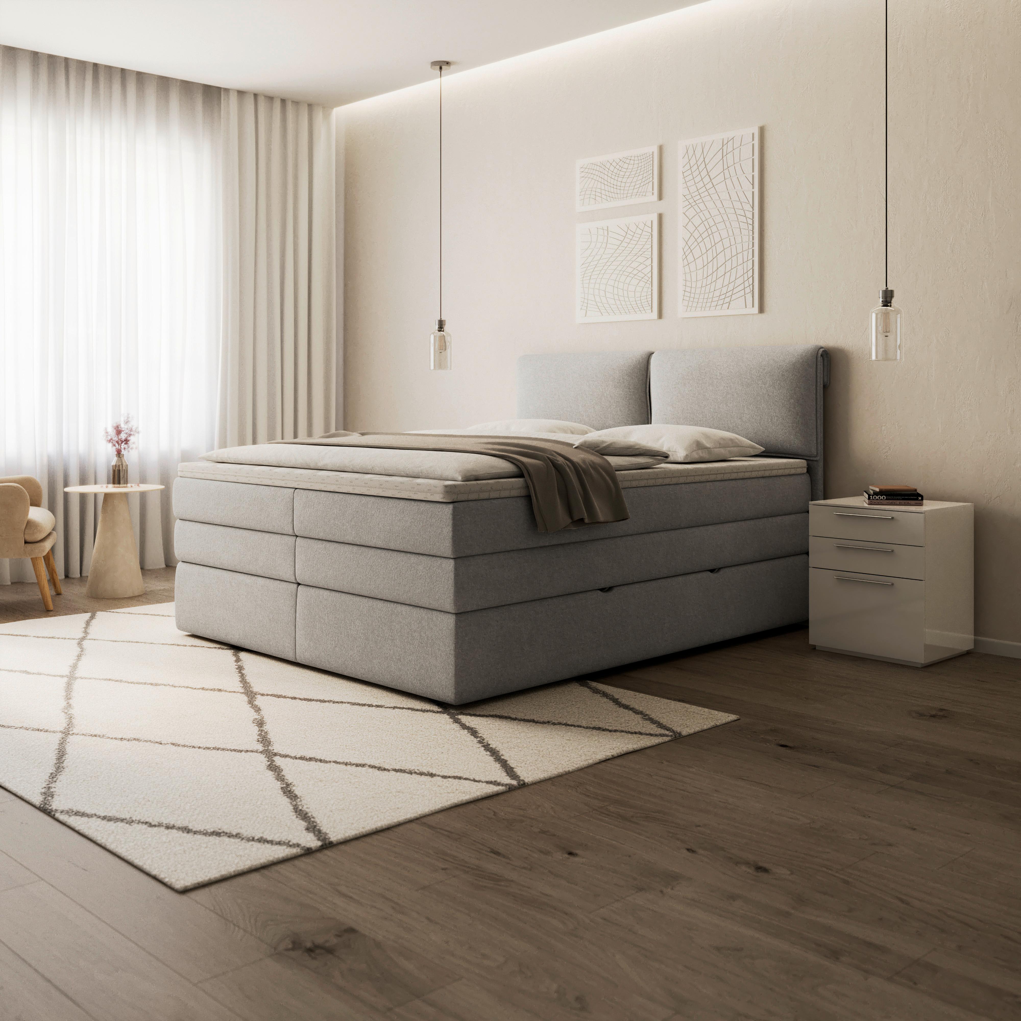 Boxspringbett Mosamo ca. 180x200 cm Hellgrau mit Topper - Hellgrau/Schwarz, MODERN, Holz/Holzwerkstoff (180/200cm) - Bessagi Home