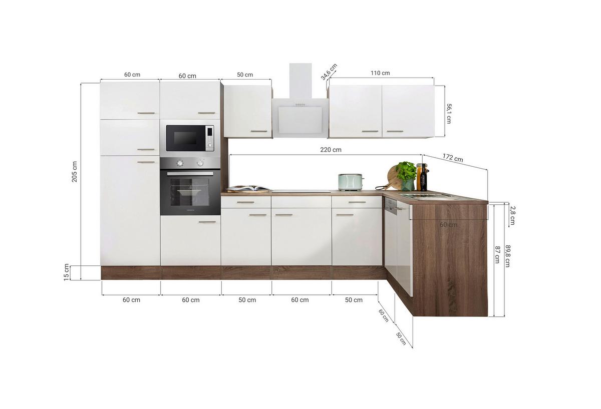 Eckküche Oliver mit Geräten ca. 340x172 cm Grau - Eichefarben/Grau, Basics, Holzwerkstoff/Metall (340/172cm) - Respekta