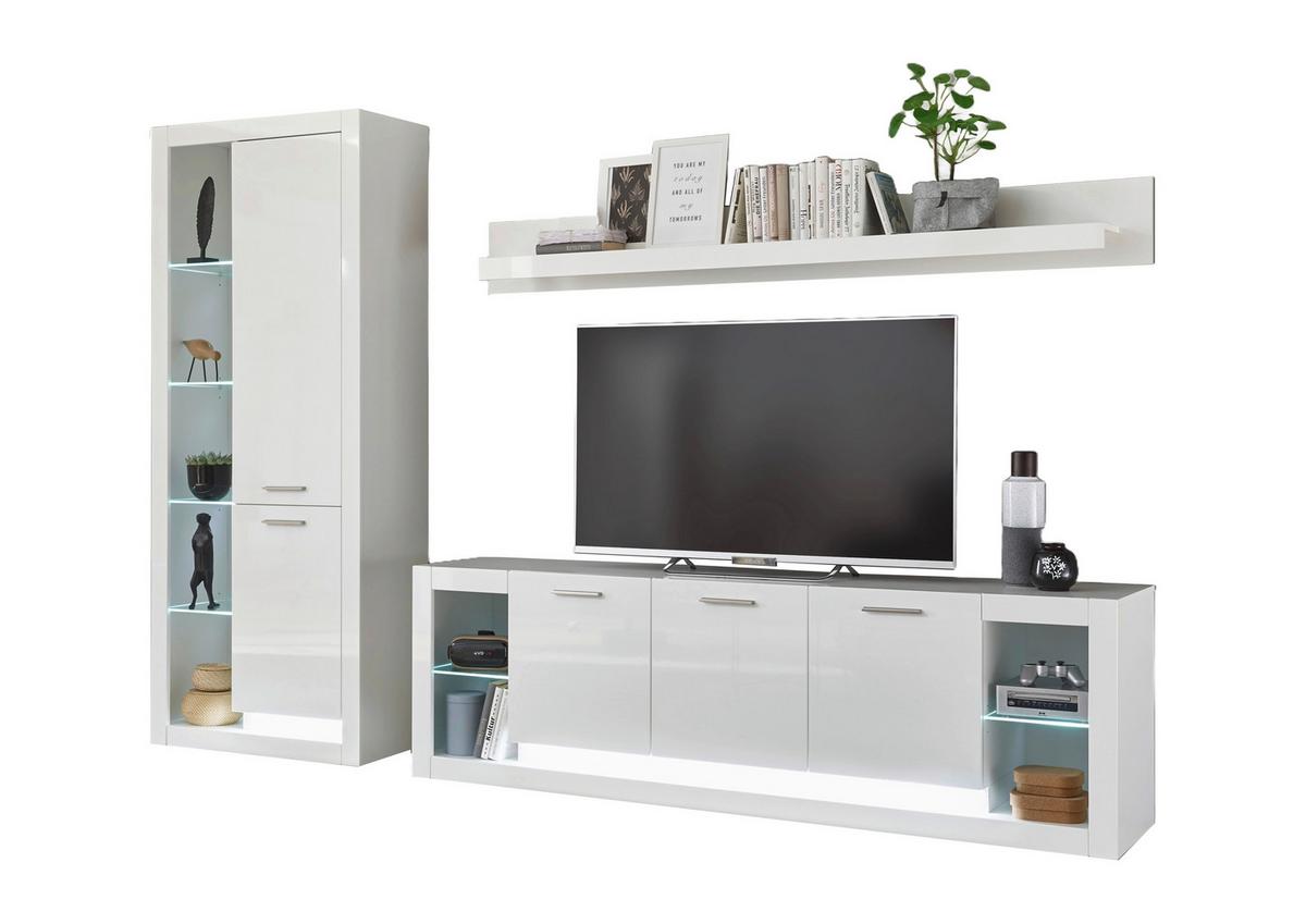 Wohnwand Meran Weiß/Weiß HG - Edelstahlfarben/Weiß Hochglanz, Design, Glas/Holzwerkstoff (298/195/43cm) - MID.YOU