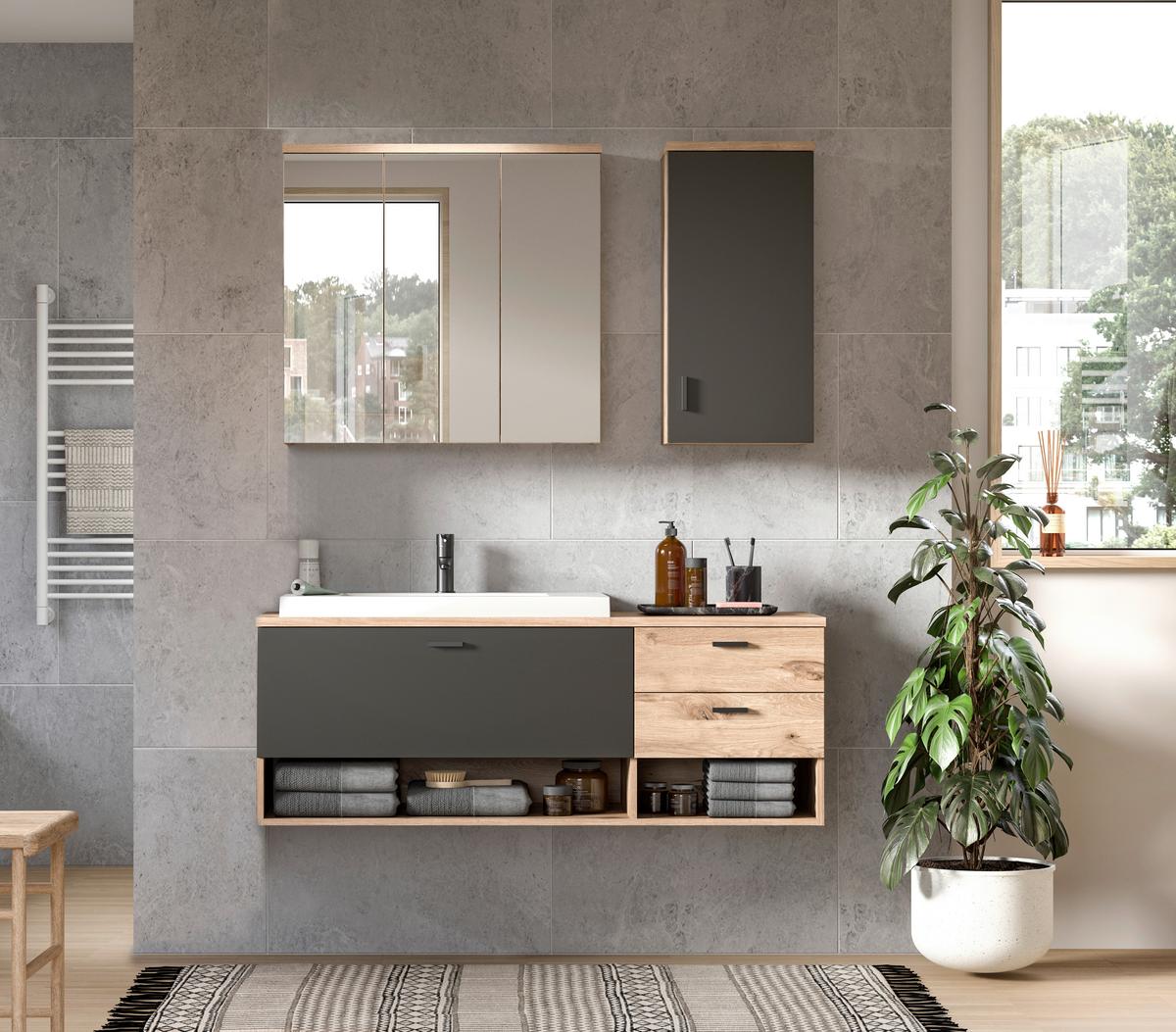 Badezimmer Grado 4-tlg. ca. 138 cm Eiche/Grau - Dunkelgrau/Weiß Hochglanz, MODERN, Glas/Keramik (138cm) - MID.YOU
