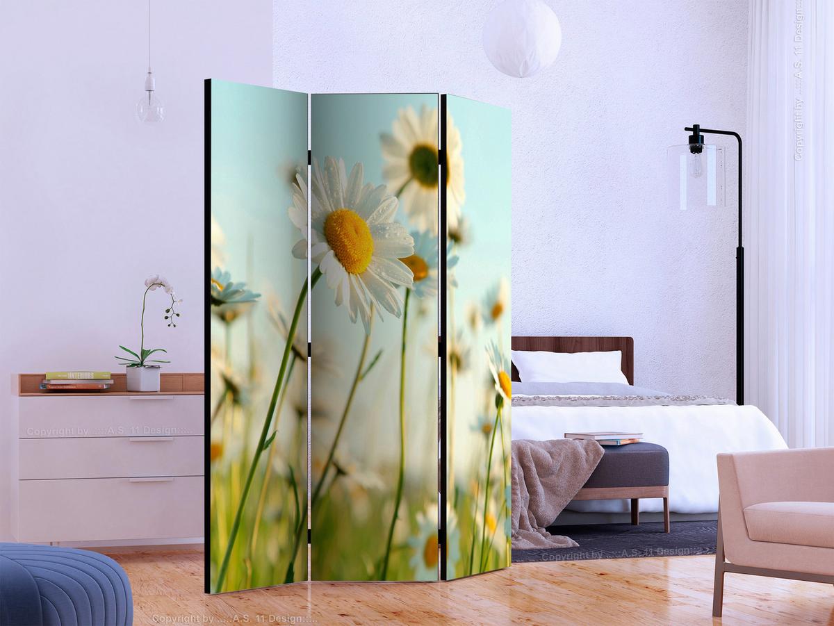 Paravan Daisies, 3-Delni, Dvostranski - pastelno modra/zelena, Basics, tekstil/les (135/172/3cm) - artgeist