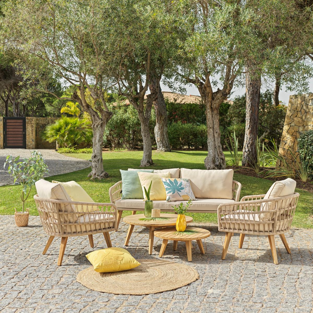 Gartentischgruppe Rio in Beige - Beige/Akaziefarben, Basics, Holz/Textil (175/68/75cm) - Mömax