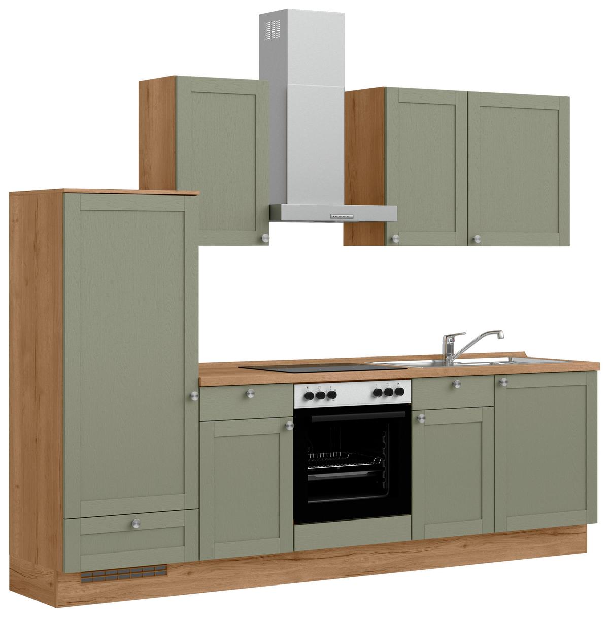 Küchenleerblock Frame Low o. Geräte Olivgrün - Edelstahlfarben/Eichefarben, MODERN, Holzwerkstoff/Metall (270cm) - Nobilia