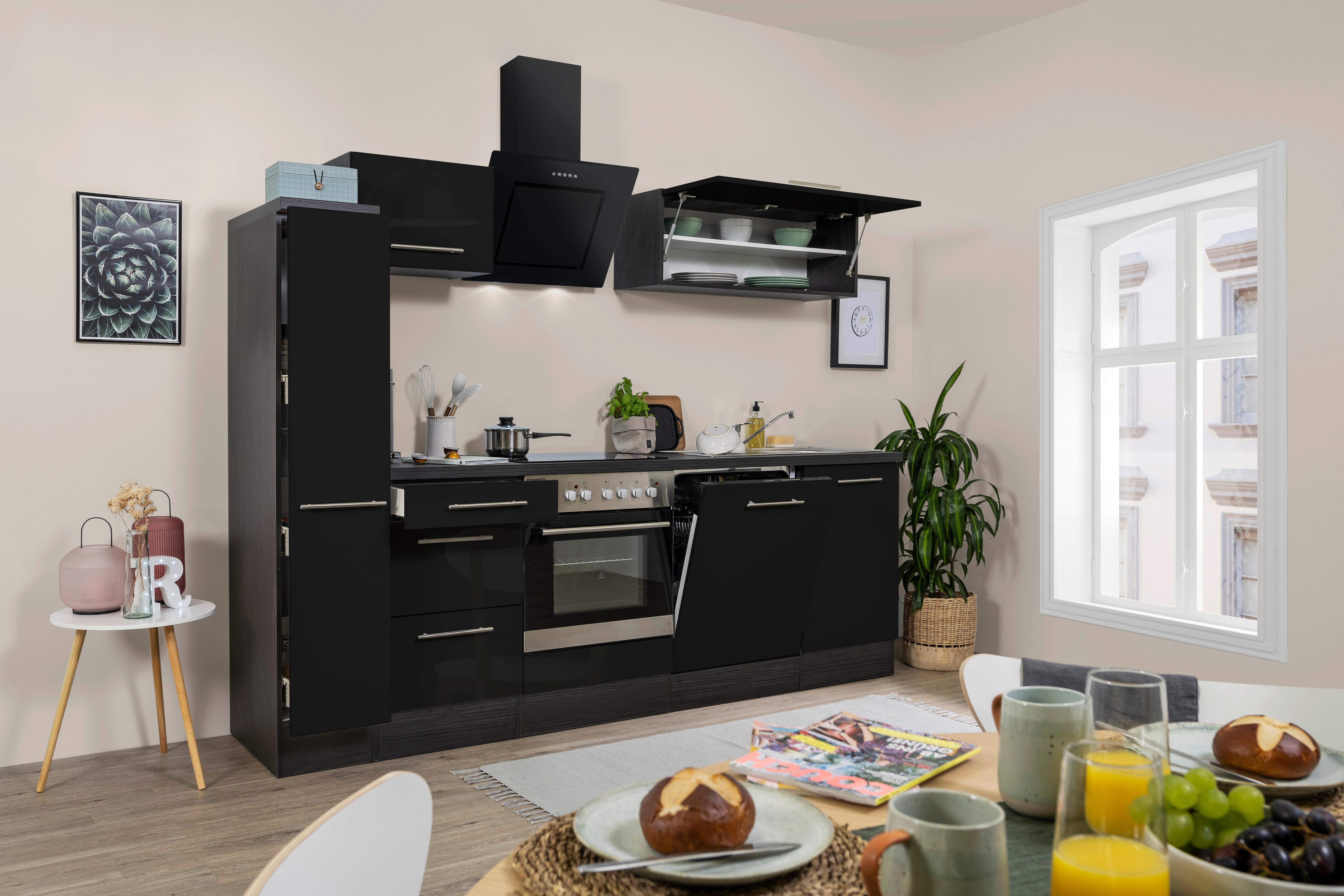 Küchenzeile Schwarz Hochglanz/ Grau mit Geräte B: 250 cm - Schwarz/Alufarben, Basics, Holzwerkstoff (250cm) - Respekta