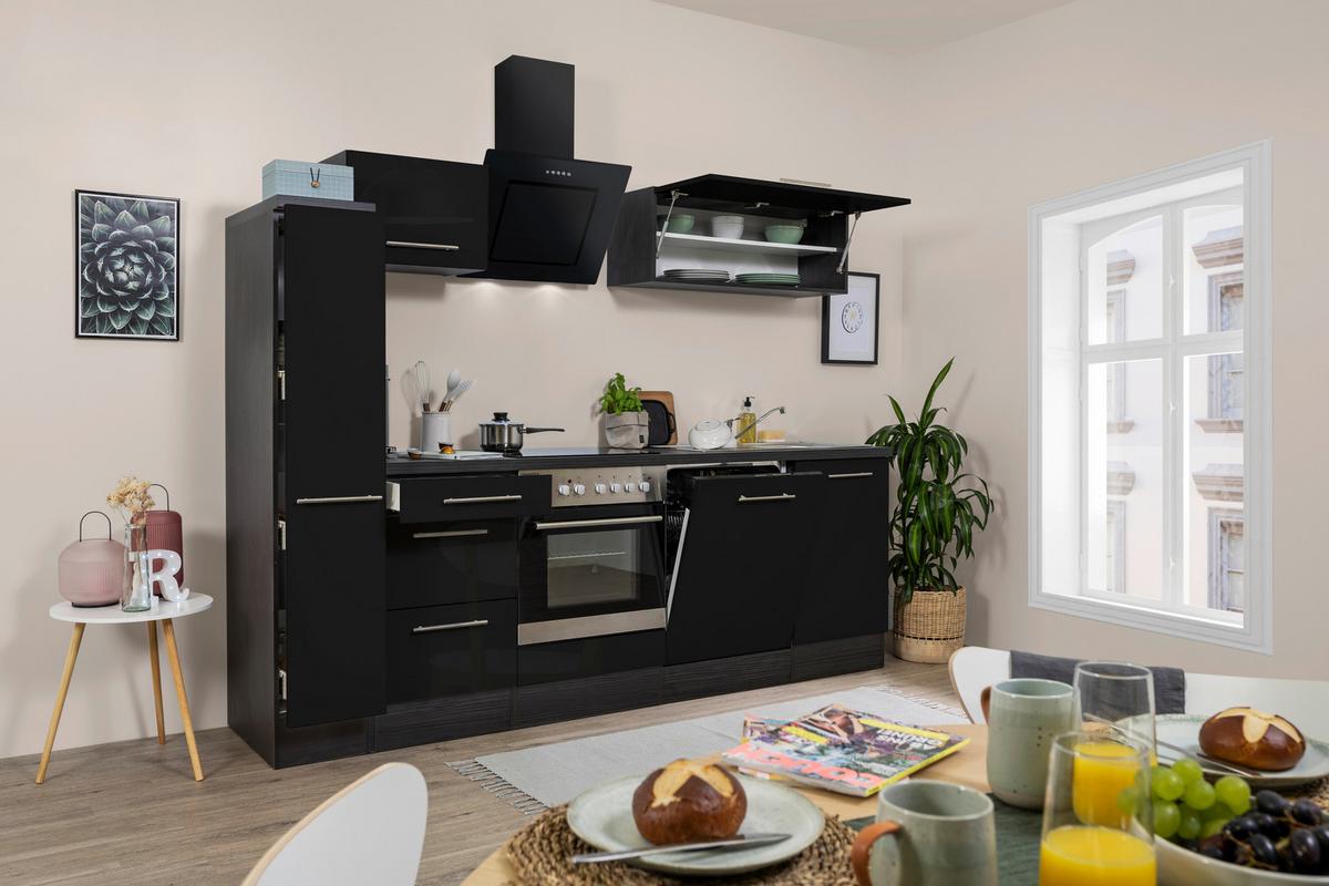 Küchenzeile Schwarz Hochglanz/ Grau mit Geräte B: 250 cm - Schwarz/Alufarben, Basics, Holzwerkstoff (250cm) - Respekta