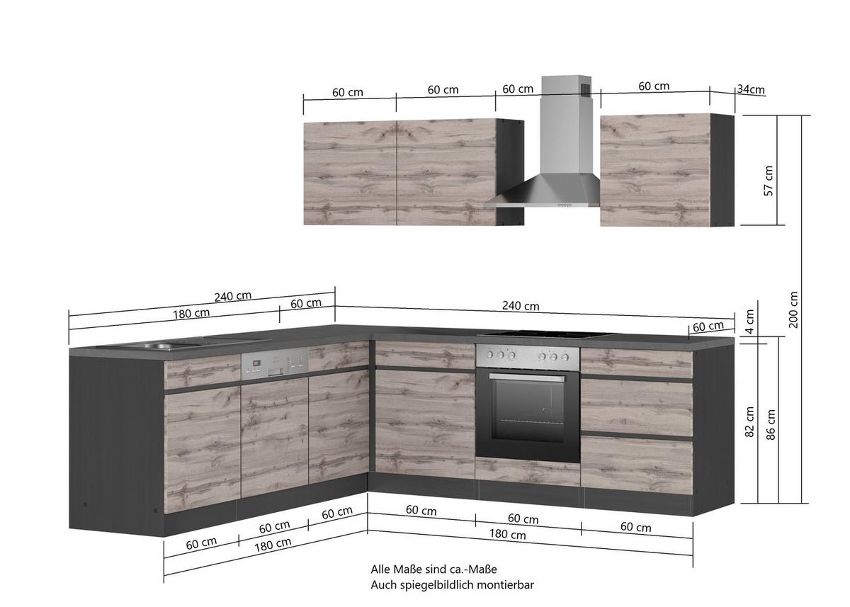 Eckküche Turin mit Geräten ca. 240x240 cm Grau/Eiche - Eiche Wotan/Grau, Design, Holzwerkstoff (240/240cm) - Held