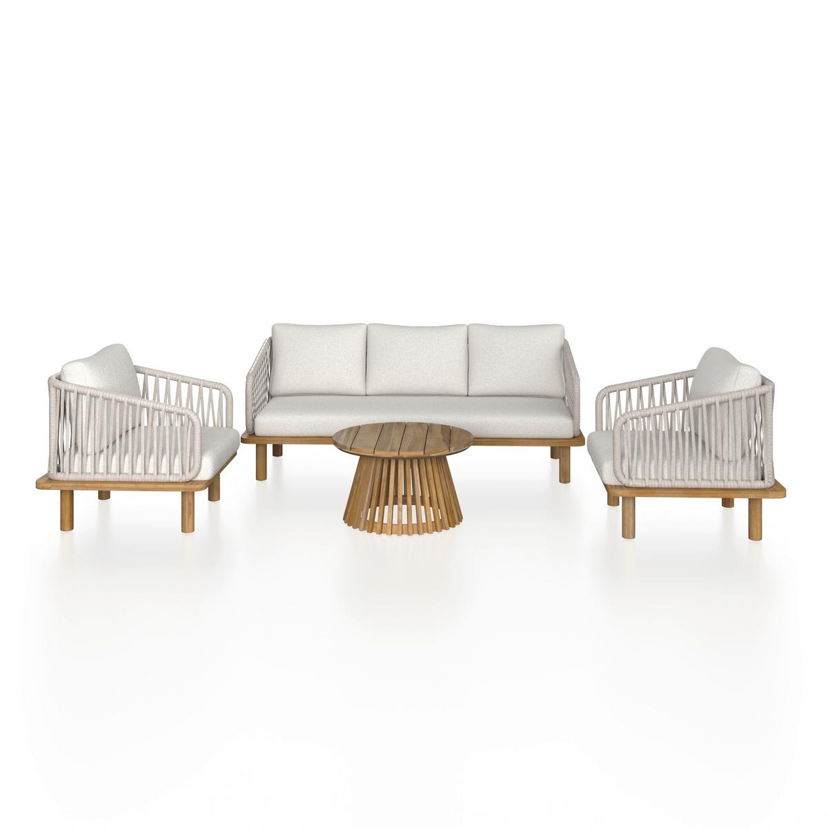 Loungegarnitur Mara Creme Echtholz/Textil/Metall - Weiss/Teakfarben, Modern, Holz/Textil (165/62,5/70cm) - Bessagi Garden