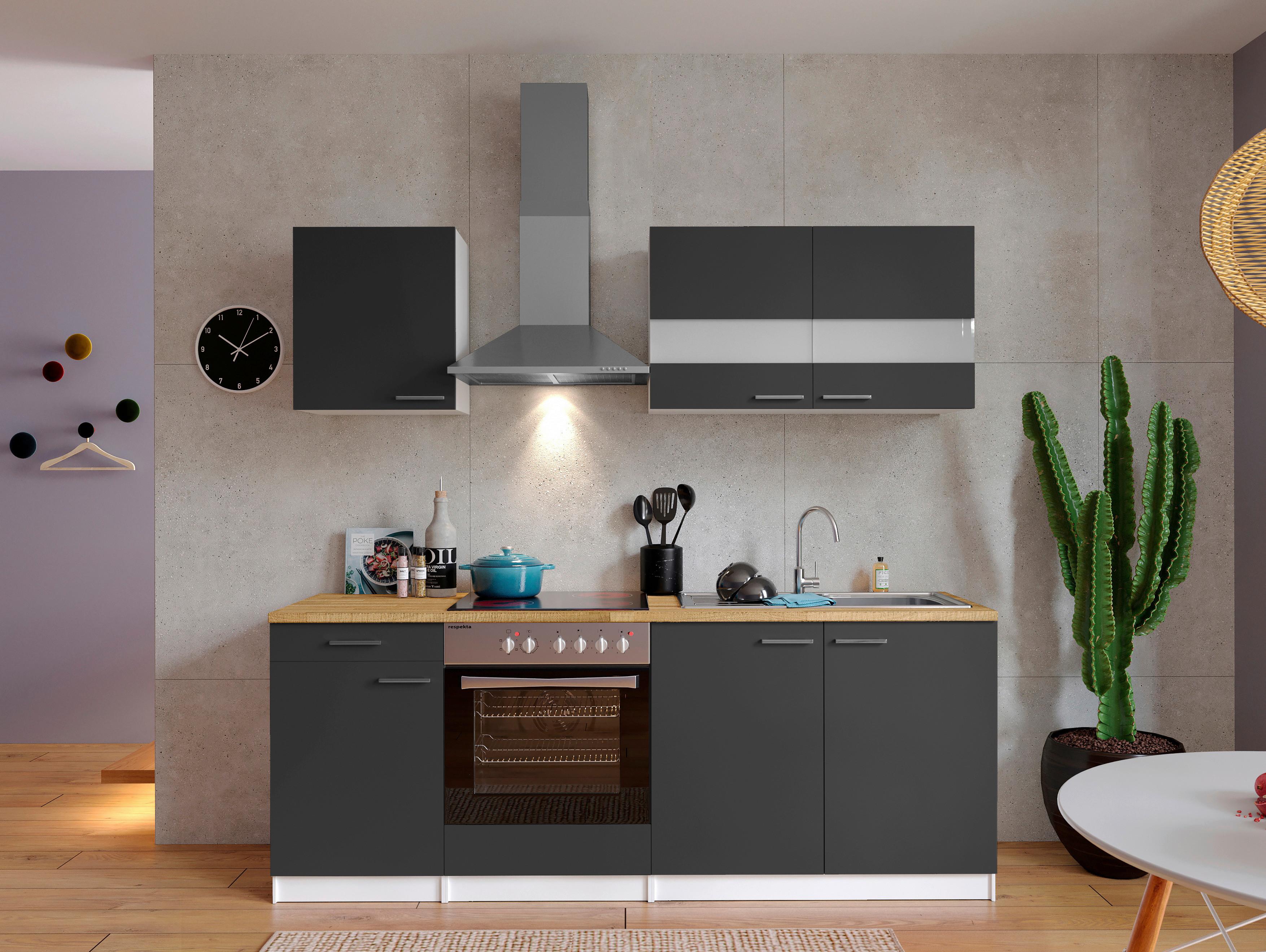 Küchenzeile Economy m. Geräten Grau/Nussbaum B: ca. 210 cm - Edelstahlfarben/Nussbaumfarben, Basics, Holzwerkstoff/Metall (210cm) - Respekta