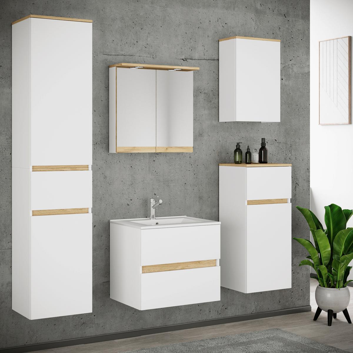 Badezimmer Cosila - Honigeiche/Weiss, Trend, Keramik/Holzwerkstoff (141cm) - MID.YOU