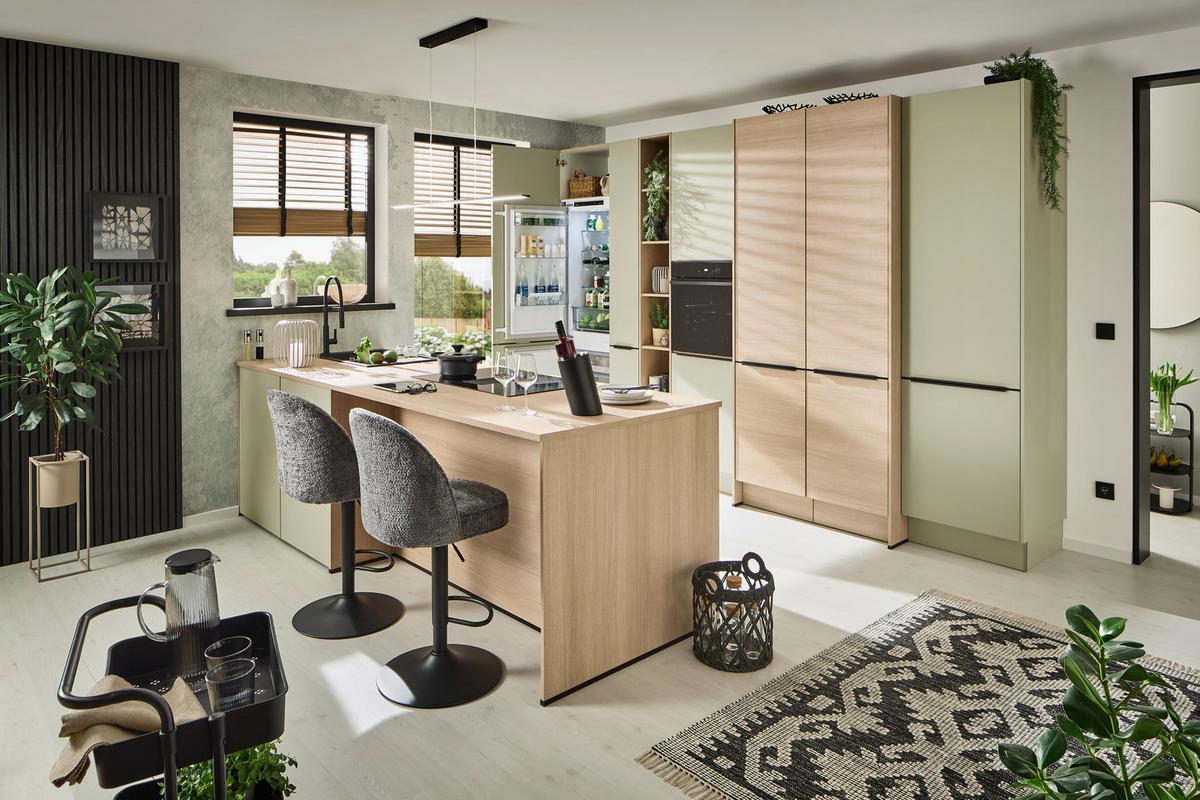 Einbauküche IP3150/2200 ohne Geräte, Salbeigrün/Eiche - Eichefarben/Salbeigrün, MODERN, Holzwerkstoff (350/284cm) - Impuls