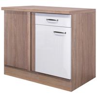Eckunterschrank Weiß Hochglanz/Eiche - Edelstahlfarben/Weiß Hochglanz, MODERN, Holzwerkstoff/Metall (110/86/60cm) - FlexWell
