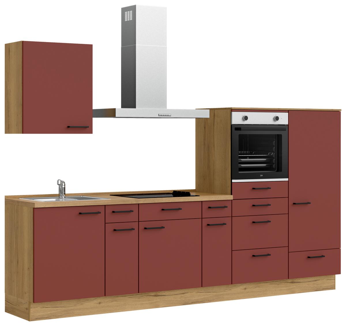 Küchenblock Easytouch Low m. Geräten Dunkelrot - Eichefarben/Schwarz, MODERN, Holzwerkstoff/Metall (300cm) - Nobilia